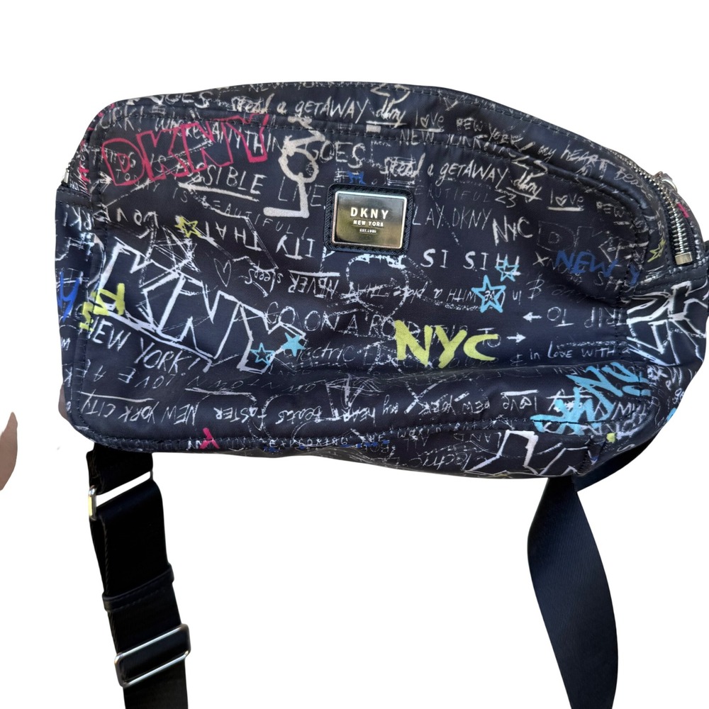 DKNY Crossbody Bag Womens Black Graffiti Print Nylon Double Zip Streetwear NYC